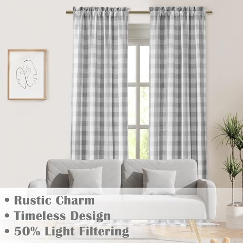 72 Inch Gray White Buffalo Plaid Curtains 2 Panels Rod Pocket