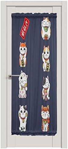 Japanese Noren Door Curtains With Double Rod Pocket Lucky Cats Blue