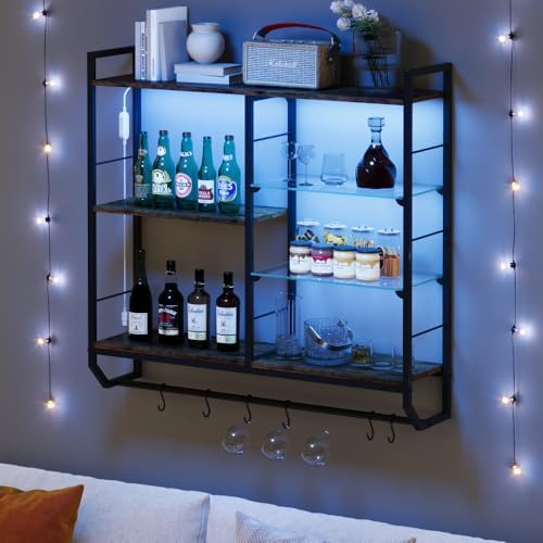 EYOCAL Gaming Floating Shelves with LED Lights and Glass Rack