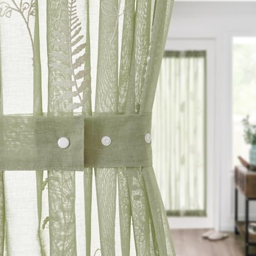 Jinchan French Sheer Door Curtain with Tieback 40 Inches Green on Beige