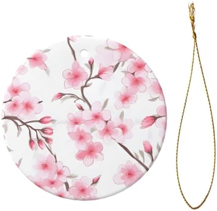 Pink Cherry Blossom Round Ceramic Christmas Ornaments 1