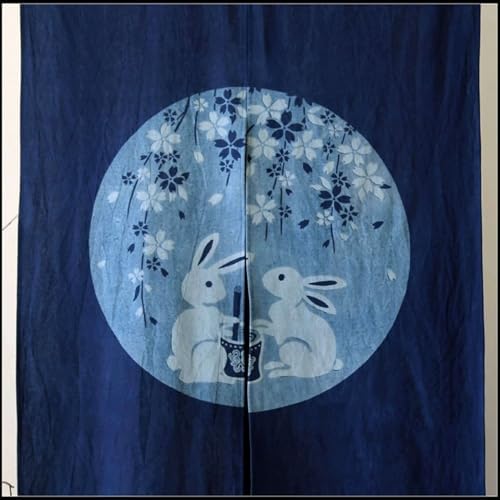 Handmade Shibori Noren Curtain in Cherry Blossom Bunnies