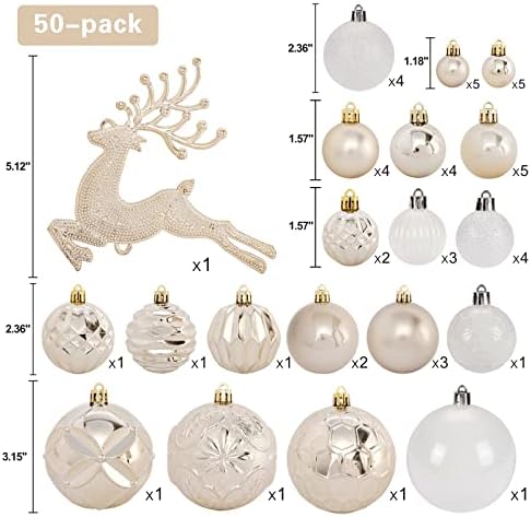 Christmas Tree Ornaments Set 50ct Shatterproof Champagne and White Balls