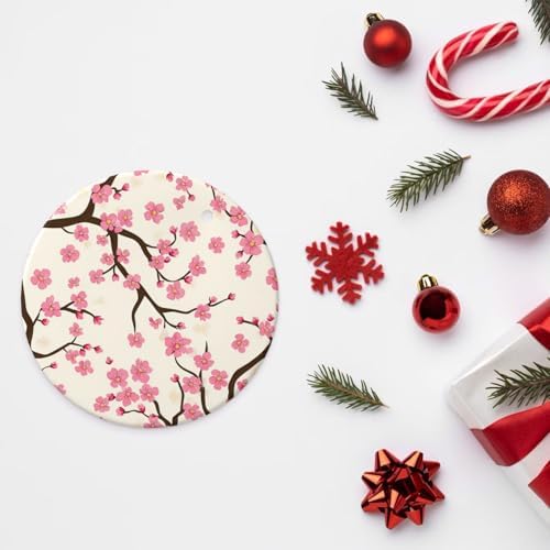 Pink Cherry Blossom Round Ceramic Christmas Ornaments