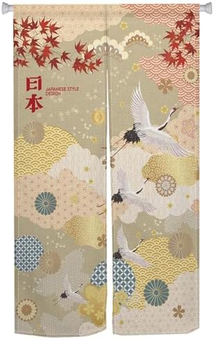 Japanese Style Noren Door Curtain with Maple Leaf and Crane Designs