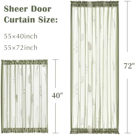 Jinchan French Sheer Door Curtain with Tieback 40 Inches Green on Beige