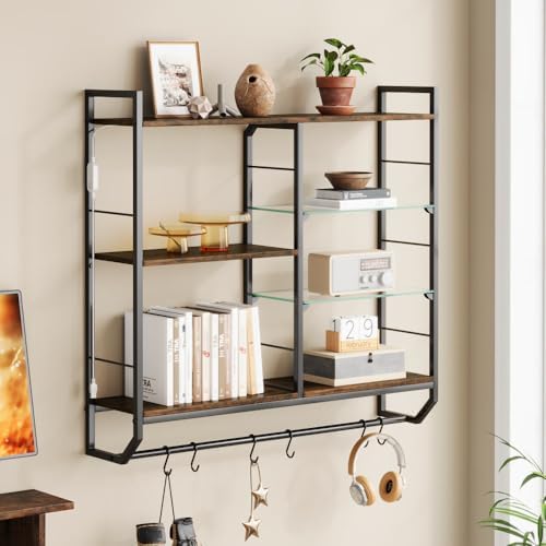 EYOCAL Gaming Floating Shelves with LED Lights and Glass Rack