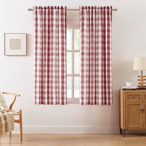 Red White Buffalo Check Window Curtain Panel 54 Inch Long