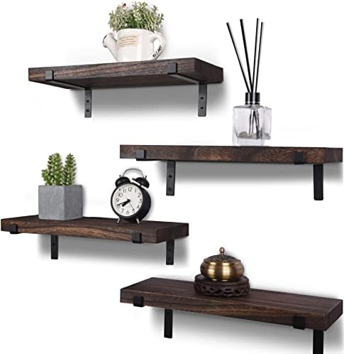 Rustic Wood Floating Shelves Dark Brown Set of 4
