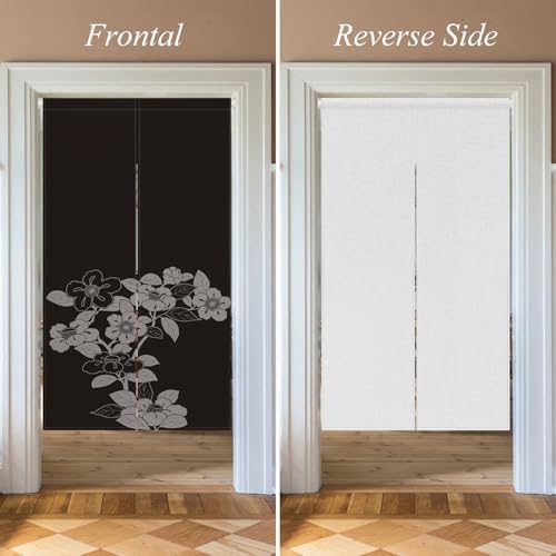 Black Noren Door Curtain with Blooming Flowers Pattern