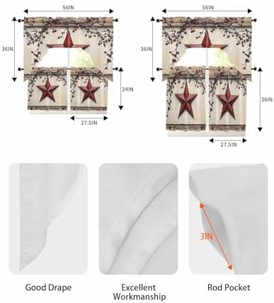 Red Texas Star Rustic Kitchen Curtain Set 3 Piece