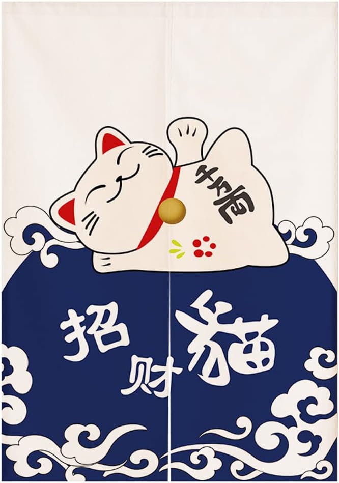 Japanese Noren Door Curtain with Maneki Neko Lucky Cat Design 1