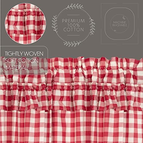 VHC Brands Red Buffalo Check Curtains with Drawstring and Ruffles