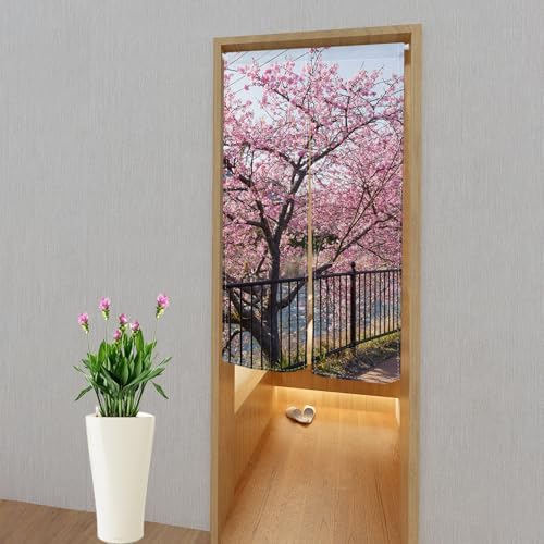 Leowefowa Japanese Noren Curtain Spring Pink Cherry Blossom Long