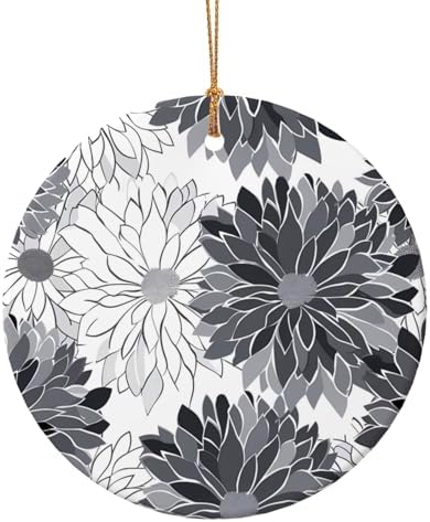 Christmas Ornaments Grey Black White Flower Round Ceramic Pendant Decor