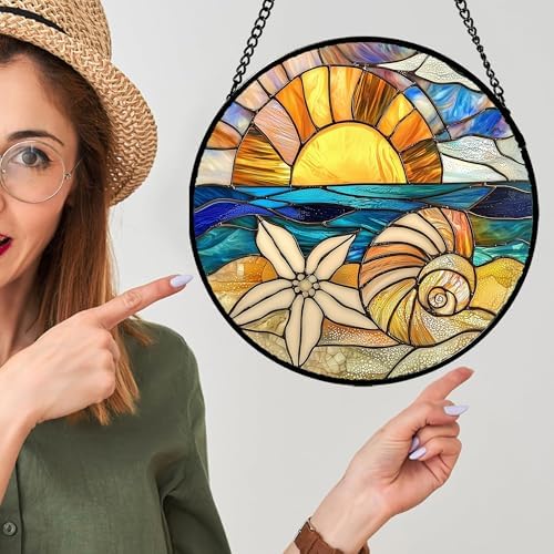 Stained Glass Window Hanging - Gold Sun Blue Sea Suncatcher 15 in