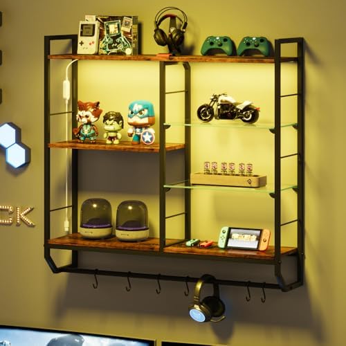 EYOCAL Gaming Floating Shelves with LED Lights and Glass Rack