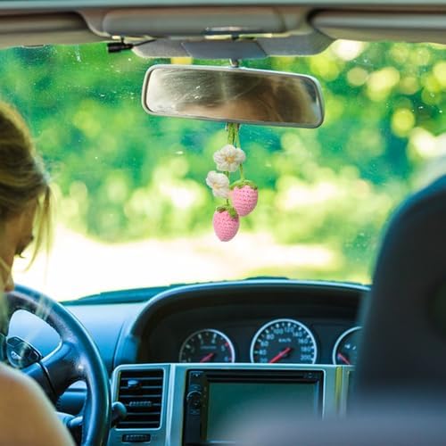 Cute Crochet Strawberry Flower Car Hanging Ornaments 2 Pcs