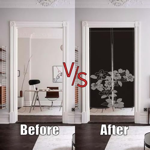 Black Noren Door Curtain with Blooming Flowers Pattern