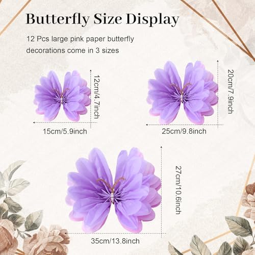 12 Pcs Purple Gradient 3D Hanging Butterfly Decorations