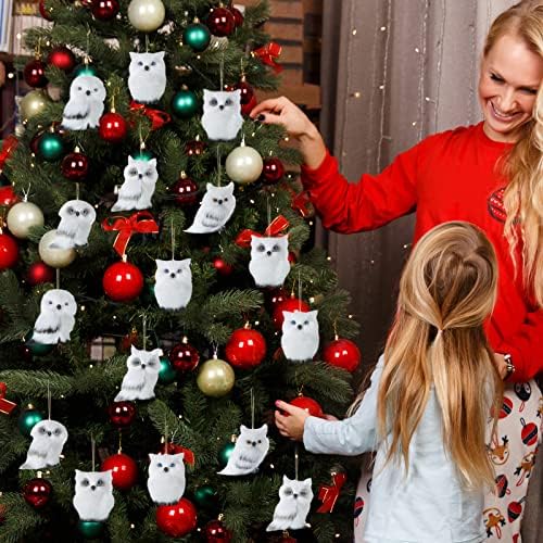 12 Pcs White Faux Fur Owl Christmas Hanging Decorations