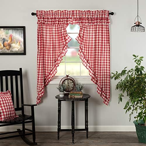 VHC Brands Red Buffalo Check Curtains with Drawstring and Ruffles