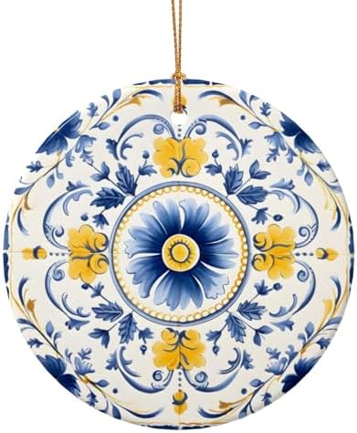 DXTKWL Christmas Ornaments Blue Yellow Ceramic Round Pendant Hanging Decorations