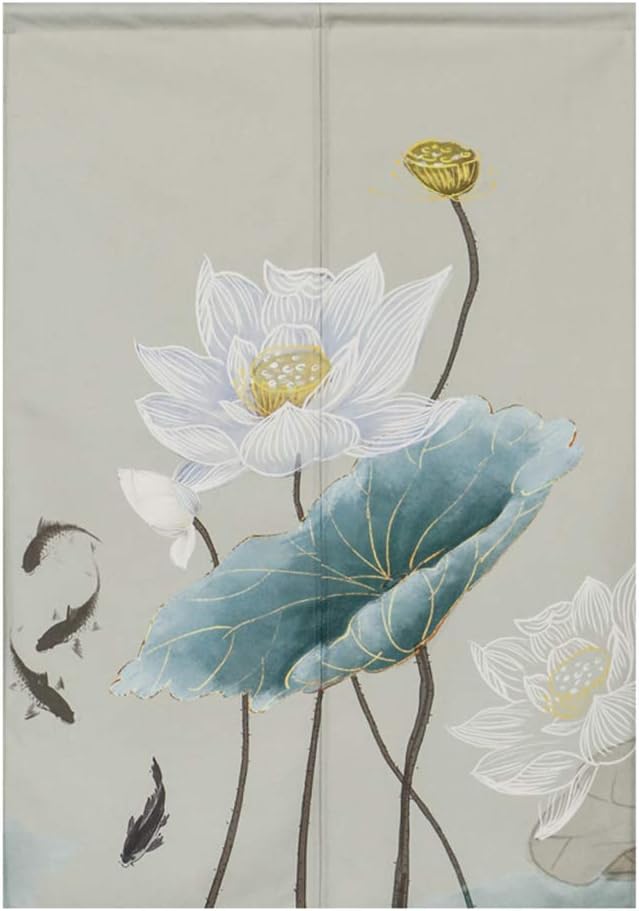 BAIHT HOME Japanese Curtain Cotton Linen Door Panel White Lotus Design