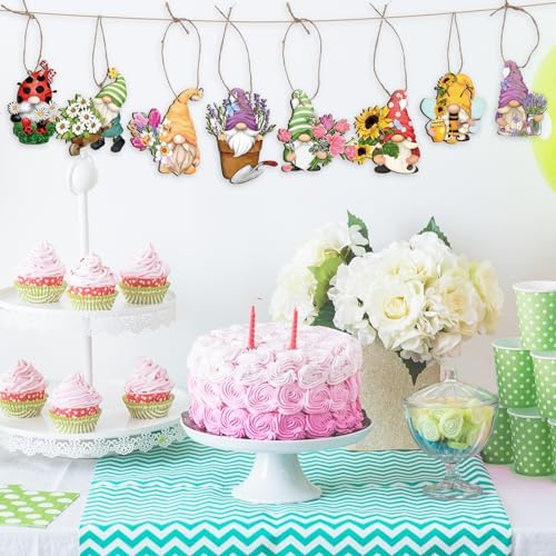 Spring Hanging Ornament Gnomes Flowers Wooden Decor 24 Pack