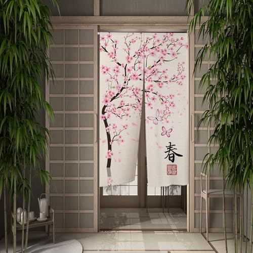 Leowefowa Japanese Noren Door Curtain Pink Cherry Blossom Design
