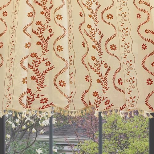 Linen Boho Curtains with Tassels and Floral Pattern