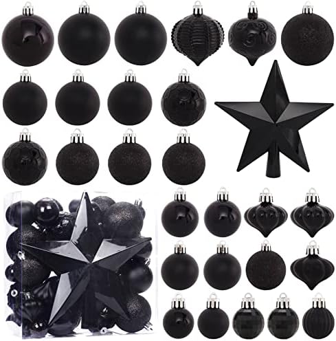 52-Pack Shatterproof Black Christmas Tree Ornaments with Star Topper