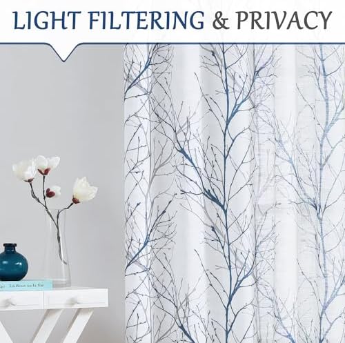 FMFUNCTEX Blue White Branch Tree Print Curtain Panel