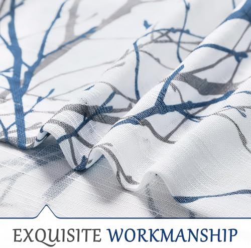 FMFUNCTEX Blue White Branch Tree Print Curtain Panel