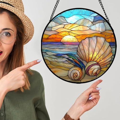 Colorful Beach Shells Stained Glass Window Hanging