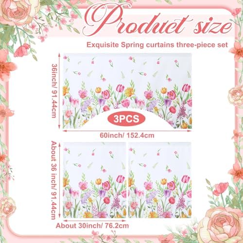 Ganeen 3 Pcs Summer Tulip Kitchen Curtain Set with Valance