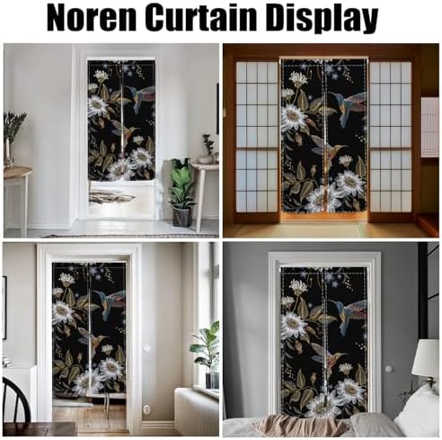 Japanese Noren Door Curtain with Blooming Flowers and Birds Pattern