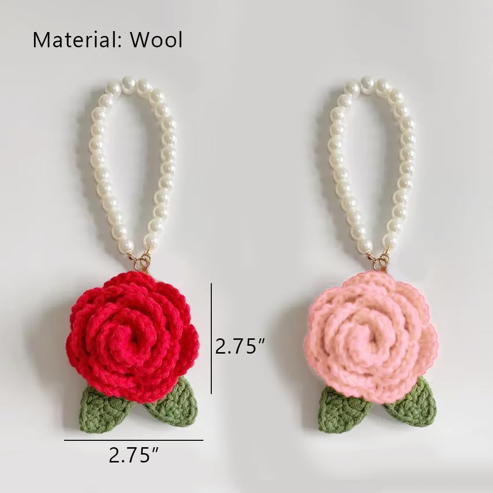WAYUTO 2Pcs Pink Red Rose Crochet Car Hanging Decor