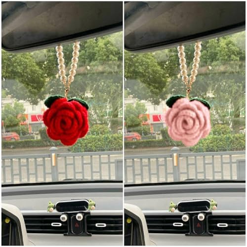 WAYUTO 2Pcs Pink Red Rose Crochet Car Hanging Decor