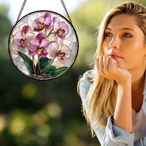 Stained Glass Window Hanging - 15 in Pink Purple Phalaenopsis Flowers