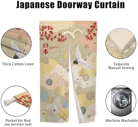 Japanese Style Noren Door Curtain with Maple Leaf and Crane Designs