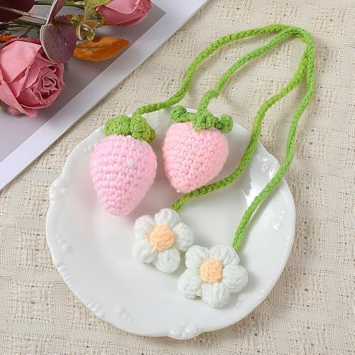 Telooco Crochet Strawberry Car Hanging Ornament Set