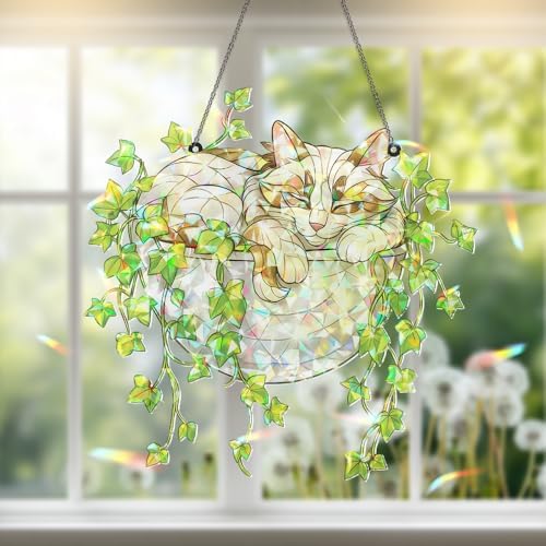 Whimsical Stained Glass Cat Sun Catcher for Home Decor
