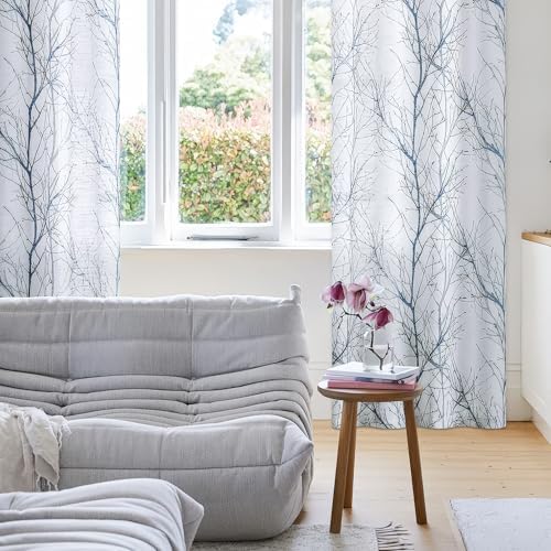 FMFUNCTEX Blue White Branch Tree Print Curtain Panel