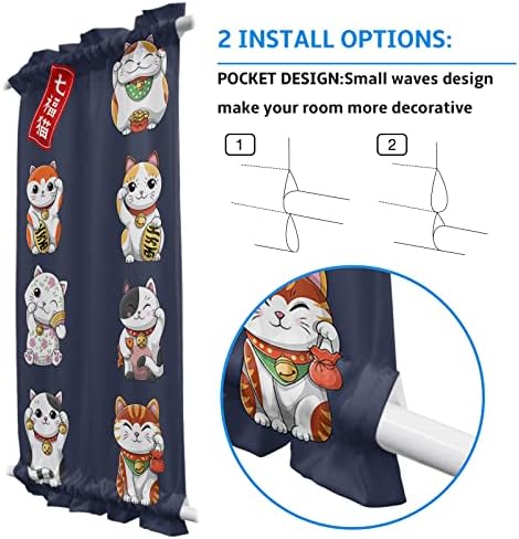 Japanese Noren Door Curtains With Double Rod Pocket Lucky Cats Blue