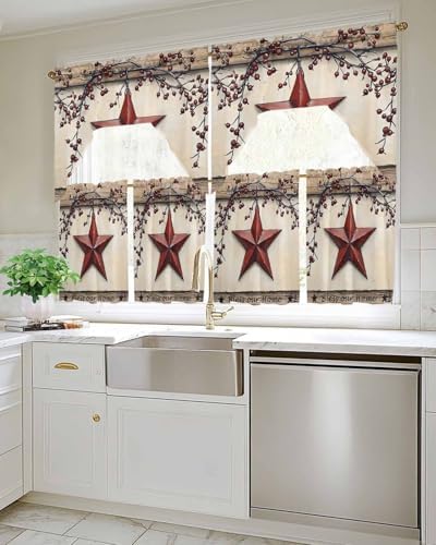 Red Texas Star Rustic Kitchen Curtain Set 3 Piece