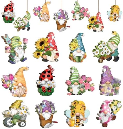 Spring Hanging Ornament Gnomes Flowers Wooden Decor 24 Pack