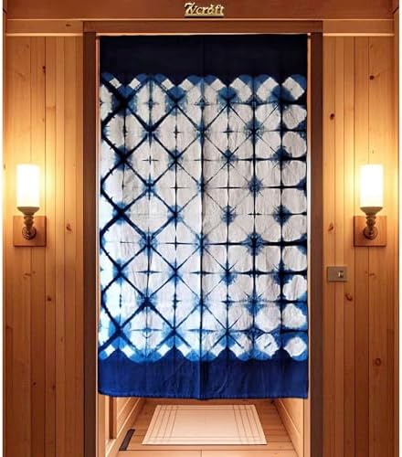 Hand Dyed Shibori Noren Curtain Panels - Geometric Indigo Design 335x59in