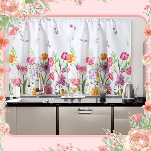 Ganeen 3 Pcs Summer Tulip Kitchen Curtain Set with Valance