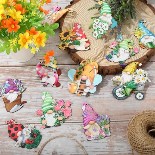 Spring Hanging Ornament Gnomes Flowers Wooden Decor 24 Pack